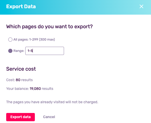Export Data Popup Screen