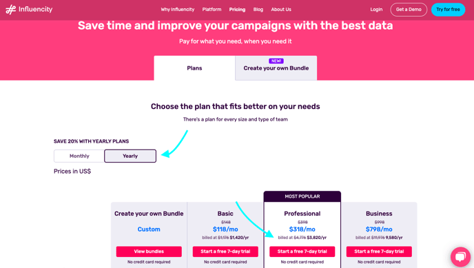 Influencity pricing page